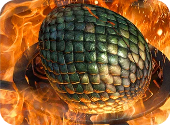 Un uovo di drago mistico circondato da fiamme con dettagliate scaglie smeraldo.
