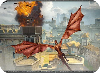 Un drago maestoso che sorvola una città medievale durante una battaglia drammatica.